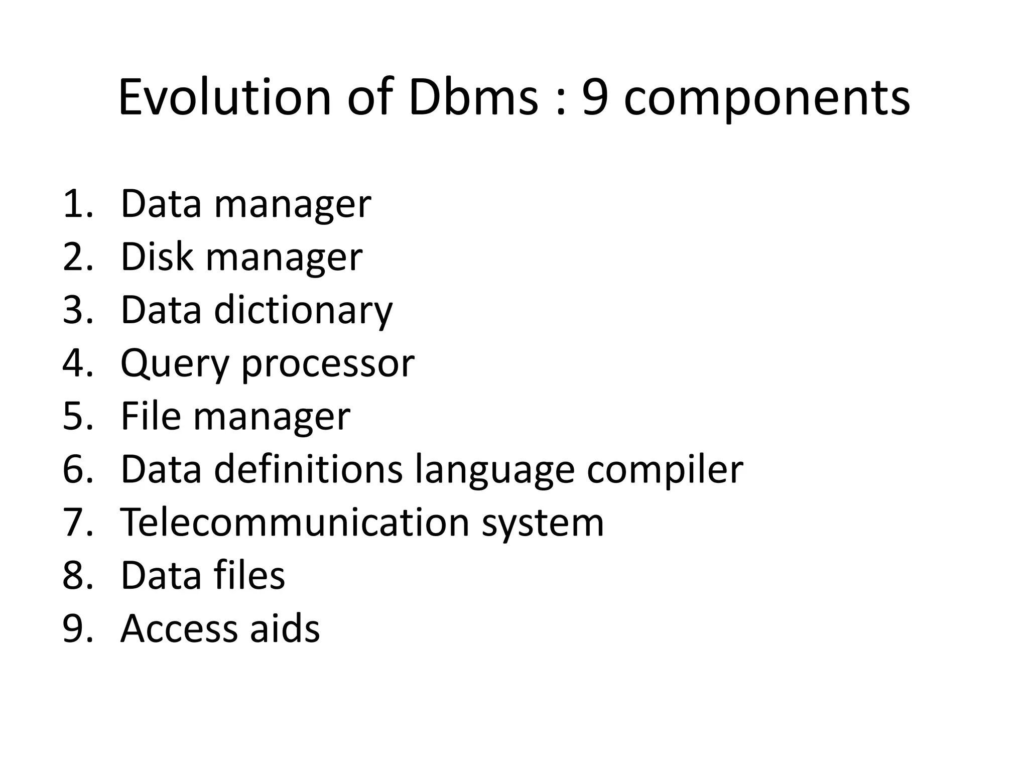Evolution of Dbms : 9 components
1. Data manager
2. Disk manager
3. Data dictionary
4. Query processor
5. File manager
6. Data definitions language compiler
7. Telecommunication system
8. Data files
9. Access aids
 