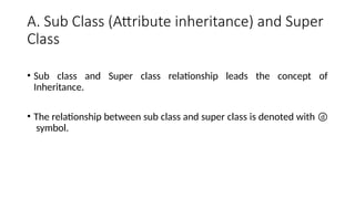 A. Sub Class (Attribute inheritance) and Super
Class
• Sub class and Super class relationship leads the concept of
Inheritance.
• The relationship between sub class and super class is denoted with ⓓ
symbol.
 