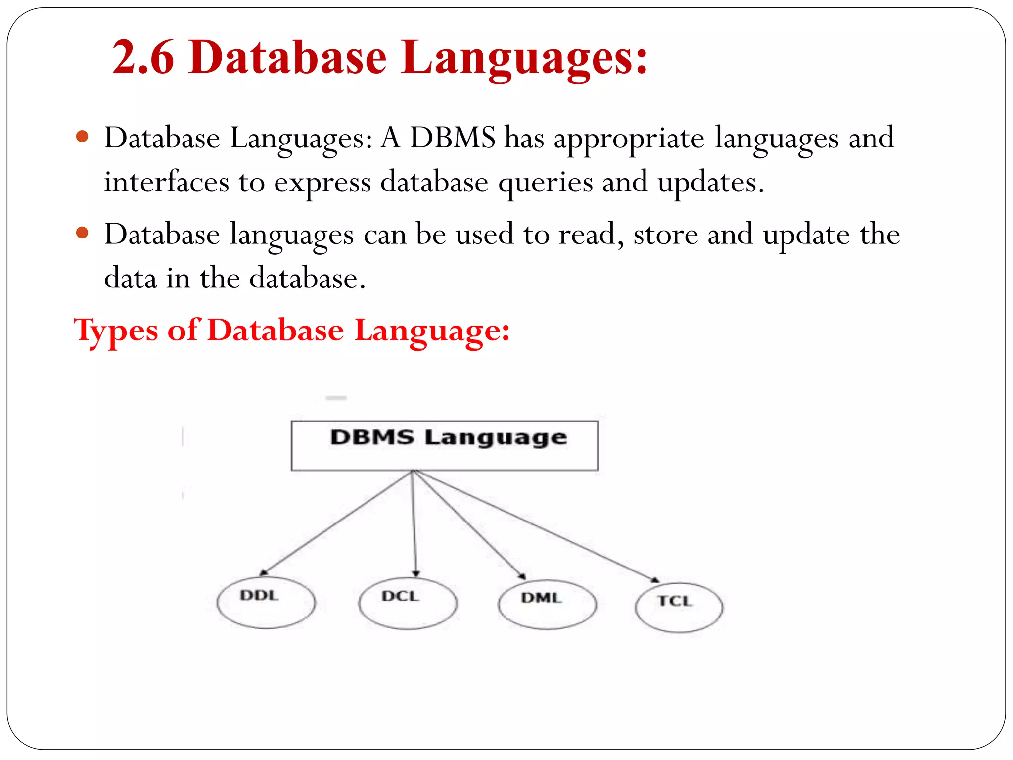 2.6 Database Languages:
 Database Languages:A DBMS has appropriate languages and
interfaces to express database queries and updates.
 Database languages can be used to read, store and update the
data in the database.
Types of Database Language:
 