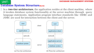 Database System Structure(Korth)
 In a two-tier architecture, the application resides at the client machine, where
it invokes database system functionality at the server machine through query
language statements. Application program interface standards like ODBC and
JDBC are used for interaction between the client and the server.
UNIT-
I
DATABASE MANAGEMENT SYSTEMS
 