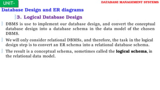 Database Design and ER diagrams
3. Logical Database Design
 DBMS is use to implement our database design, and convert the conceptual
database design into a database schema in the data model of the chosen
DBMS.
 We will only consider relational DBMSs, and therefore, the task in the logical
design step is to convert an ER schema into a relational database schema.
 The result is a conceptual schema, sometimes called the logical schema, in
the relational data model.
UNIT-
I
DATABASE MANAGEMENT SYSTEMS
 