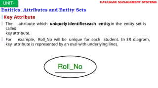 Entities, Attributes and Entity Sets
Key Attribute
 The attribute which uniquely identifieseach entityin the entity set is
called
key attribute.
 For example, Roll_No will be unique for each student. In ER diagram,
key attribute is represented by an oval with underlying lines.
UNIT-
I
DATABASE MANAGEMENT SYSTEMS
 