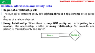 UNIT-
I
DATABASE MANAGEMENT SYSTEMS
Entities, Attributes and Entity Sets
 Degree of a relationship set:
 The number of different entity sets participating in a relationship set is called
as
degree of a relationship set.
 Unary Relationship: When there is only ONE entity set participating in a
relation, the relationship is called as unary relationship. For example, one
person is married to only one person.
 