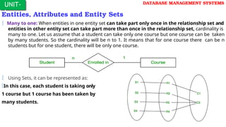 UNIT-
I
DATABASE MANAGEMENT SYSTEMS
Entities, Attributes and Entity Sets
 Many to one: When entities in one entity set can take part only once in the relationship set and
entities in other entity set can take part more than once in the relationship set, cardinality is
many to one. Let us assume that a student can take only one course but one course can be taken
by many students. So the cardinality will be n to 1. It means that for one course there can be n
students but for one student, there will be only one course.
 Using Sets, it can be represented as:
In this case, each student is taking only
1 course but 1 course has been taken by
many students.
 