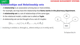 Relationships and Relationship sets
 A relationship is an association among two or more entities.
 For example, we may have the relationship that Ramu works in the pharmacy department.
 A relationship set is a set of relationships of the same type.
 In the relational model, a table row is called as Tuple.
 A relationship set can be thought of as a set of n-tuples:
 involving n entities e1 through en, where entity ei is in entity set Ei.
UNIT-
I
DATABASE MANAGEMENT SYSTEMS
 