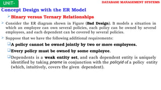 Concept Design with the ER Model
Binary versus Ternary Relationships
 Consider the ER diagram shown in Figure (Bad Design). It models a situation in
which an employee can own several policies, each policy can be owned by several
employees, and each dependent can be covered by several policies.
 Suppose that we have the following additional requirements:
A policy cannot be owned jointly by two or more employees.
Every policy must be owned by some employee.
Dependents is a weak entity set, and each dependent entity is uniquely
identified by taking pname in conjunction with the policyid of a policy entity
(which, intuitively, covers the given dependent).
UNIT-
I
DATABASE MANAGEMENT SYSTEMS
 