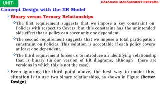 Concept Design with the ER Model
Binary versus Ternary Relationships
The first requirement suggests that we impose a key constraint on
Policies with respect to Covers, but this constraint has the unintended
side effect that a policy can cover only one dependent.
The second requirement suggests that we impose a total participation
constraint on Policies. This solution is acceptable if each policy covers
at least one dependent.
The third requirement forces us to introduce an identifying relationship
that is binary (in our version of ER diagrams, although there are
versions in which this is not the case).
Even ignoring the third point above, the best way to model this
situation is to use two binary relationships, as shown in Figure (Better
Design)
UNIT-
I
DATABASE MANAGEMENT SYSTEMS
 