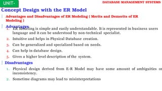Concept Design with the ER Model
 Advantages and Disadvantages of ER Modeling ( Merits and Demerits of ER
Modeling )
 Advantages
1. ER Modeling is simple and easily understandable. It is represented in business users
language and it can be understood by non-technical specialist.
2. Intuitive and helps in Physical Database creation.
3. Can be generalized and specialized based on needs.
4. Can help in database design.
5. Gives a higher level description of the system.
 Disadvantages
1 . Physical design derived from E-R Model may have some amount of ambiguities or
inconsistency.
2. Sometime diagrams may lead to misinterpretations
UNIT-
I
DATABASE MANAGEMENT SYSTEMS
 