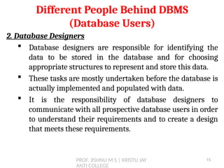 PROF. JISHNU M S | KRISTU JAY
ANTI COLLEGE
2. Database Designers
 Database designers are responsible for identifying the
data to be stored in the database and for choosing
appropriate structures to represent and store this data.
 These tasks are mostly undertaken before the database is
actually implemented and populated with data.
 It is the responsibility of database designers to
communicate with all prospective database users in order
to understand their requirements and to create a design
that meets these requirements.
Different People Behind DBMS
(Database Users)
15
 
