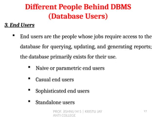 PROF. JISHNU M S | KRISTU JAY
ANTI COLLEGE
3. End Users
 End users are the people whose jobs require access to the
database for querying, updating, and generating reports;
the database primarily exists for their use.
 Naive or parametric end users
 Casual end users
 Sophisticated end users
 Standalone users
Different People Behind DBMS
(Database Users)
17
 