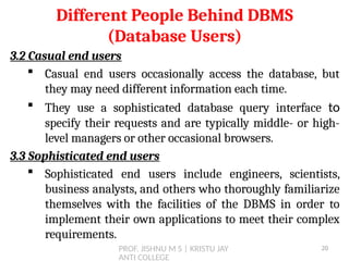 PROF. JISHNU M S | KRISTU JAY
ANTI COLLEGE
3.2 Casual end users
 Casual end users occasionally access the database, but
they may need different information each time.
 They use a sophisticated database query interface to
specify their requests and are typically middle- or high-
level managers or other occasional browsers.
3.3 Sophisticated end users
 Sophisticated end users include engineers, scientists,
business analysts, and others who thoroughly familiarize
themselves with the facilities of the DBMS in order to
implement their own applications to meet their complex
requirements.
Different People Behind DBMS
(Database Users)
20
 