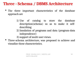 PROF. JISHNU M S | KRISTU JAY
ANTI COLLEGE
Three - Schema / DBMS Architecture
 The three important characteristics of the database
approach are
1) Use of catalog to store the database
description(schema) so as to make it self-
describing
2) Insulation of programs and data (program-data
independence)
3) support of multi user views.
 Three-schema architecture, was proposed to achieve and
visualize these characteristics.
54
 
