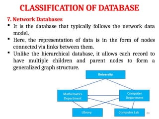 PROF. JISHNU M S | KRISTU JAY
ANTI COLLEGE
CLASSIFICATION OF DATABASE
7. Network Databases
 It is the database that typically follows the network data
model.
 Here, the representation of data is in the form of nodes
connected via links between them.
 Unlike the hierarchical database, it allows each record to
have multiple children and parent nodes to form a
generalized graph structure.
89
 