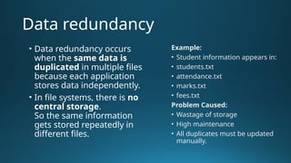 Redundant Data Example Comprehensive Introduction to Data, Databases, and ER Modeling in DBMS ...