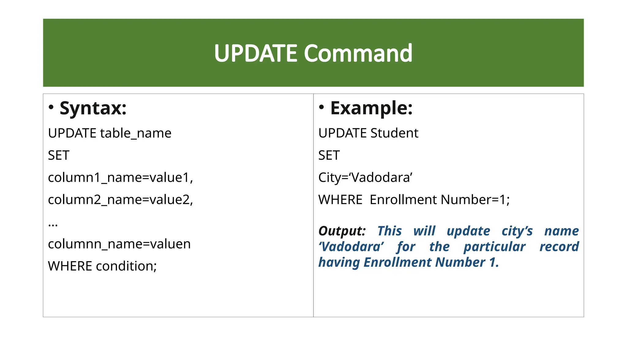 UPDATE Command
• Syntax:
UPDATE table_name
SET
column1_name=value1,
column2_name=value2,
…
columnn_name=valuen
WHERE condition;
• Example:
UPDATE Student
SET
City=‘Vadodara’
WHERE Enrollment Number=1;
Output: This will update city’s name
‘Vadodara’ for the particular record
having Enrollment Number 1.
 