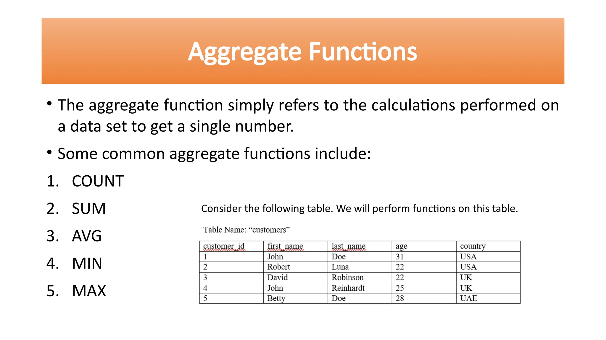 • The aggregate function simply refers to the calculations performed on
a data set to get a single number.
• Some common aggregate functions include:
1. COUNT
2. SUM
3. AVG
4. MIN
5. MAX
Aggregate Functions
Consider the following table. We will perform functions on this table.
 
