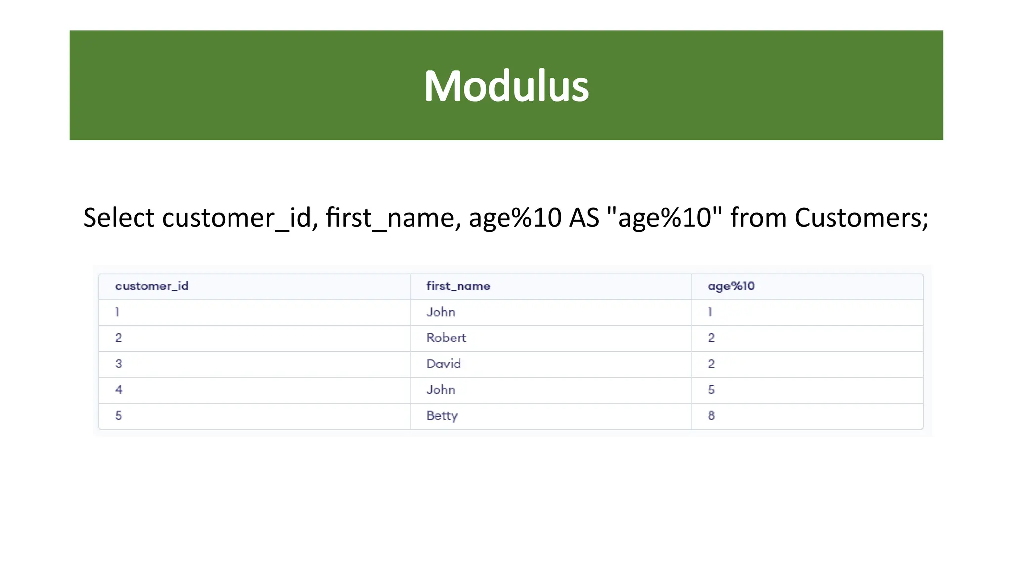Select customer_id, first_name, age%10 AS "age%10" from Customers;
Modulus
 