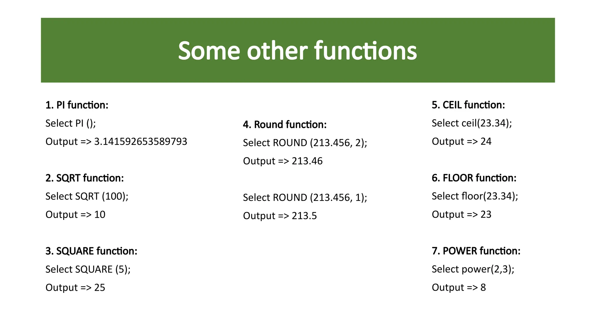4. Round function:
Select ROUND (213.456, 2);
Output => 213.46
Select ROUND (213.456, 1);
Output => 213.5
Some other functions
1. PI function:
Select PI ();
Output => 3.141592653589793
2. SQRT function:
Select SQRT (100);
Output => 10
3. SQUARE function:
Select SQUARE (5);
Output => 25
5. CEIL function:
Select ceil(23.34);
Output => 24
6. FLOOR function:
Select floor(23.34);
Output => 23
7. POWER function:
Select power(2,3);
Output => 8
 