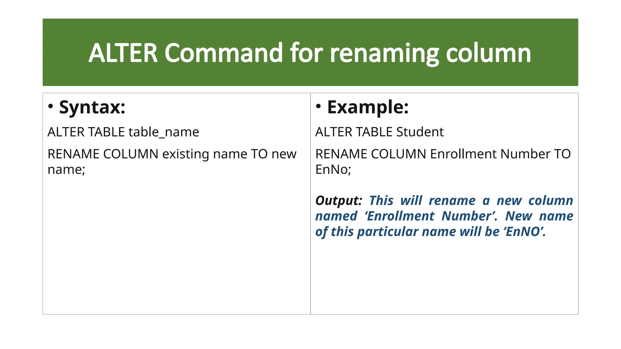 ALTER Command for renaming column
• Syntax:
ALTER TABLE table_name
RENAME COLUMN existing name TO new
name;
• Example:
ALTER TABLE Student
RENAME COLUMN Enrollment Number TO
EnNo;
Output: This will rename a new column
named ‘Enrollment Number’. New name
of this particular name will be ‘EnNO’.
 
