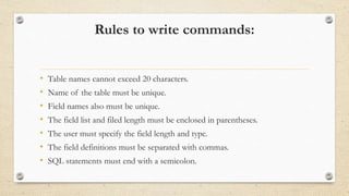 Rules to write commands:
• Table names cannot exceed 20 characters.
• Name of the table must be unique.
• Field names also must be unique.
• The field list and filed length must be enclosed in parentheses.
• The user must specify the field length and type.
• The field definitions must be separated with commas.
• SQL statements must end with a semicolon.
 