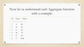 Now let us understand each Aggregate function
with a example:
• Id Name Salary
• -----------------------
• 1 A 80
• 2 B 40
• 3 C 60
• 4 D 70
• 5 E 60
• 6 F Null
 