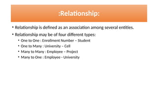 • Relationship is defined as an association among several entities.
• Relationship may be of four different types:
• One to One : Enrollment Number – Student
• One to Many : University – Cell
• Many to Many : Employee – Project
• Many to One : Employee - University
:Relationship:
 