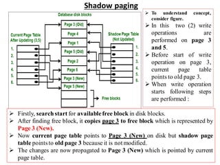 Shadow paging
➢ Firstly, search start for availablefree block in disk blocks.
➢ After finding free block, it copies page 3 to free block which is represented by
Page 3 (New).
➢ Now current page table points to Page 3 (New) on disk but shadow page
table pointsto old page 3 because it is not modified.
➢ The changes are now propagated to Page 3 (New) which is pointed by current
page table.
➢ To understand concept,
consider figure.
➢ In this two (2) write
operations are
performed on page 3
and 5.
➢ Before start of write
operation on page 3,
current page table
points to old page 3.
➢ When write operation
starts following steps
are performed :
 