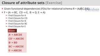 Closure of attribute sets [Exercise]
 Given functional dependencies (FDs) for relational schema R = (A,B,C,D,E):
 F = {A → BC, CD → E, B → D, E → A}
 Find Closure for A
 Find Closure for CD
 Find Closure for B
 Find Closure for BC
 Find Closure for E
A+
= ABCDE
CD+
= ABCDE
B+
= BD
BC+
= ABCDE
E+
= ABCDE
Answer
 