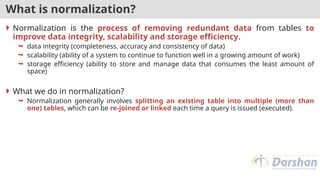 What is normalization?
 Normalization is the process of removing redundant data from tables to
improve data integrity, scalability and storage efficiency.
 data integrity (completeness, accuracy and consistency of data)
 scalability (ability of a system to continue to function well in a growing amount of work)
 storage efficiency (ability to store and manage data that consumes the least amount of
space)
 What we do in normalization?
 Normalization generally involves splitting an existing table into multiple (more than
one) tables, which can be re-joined or linked each time a query is issued (executed).
 