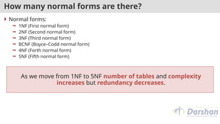 How many normal forms are there?
 Normal forms:
 1NF (First normal form)
 2NF (Second normal form)
 3NF (Third normal form)
 BCNF (Boyce–Codd normal form)
 4NF (Forth normal form)
 5NF (Fifth normal form)
As we move from 1NF to 5NF number of tables and complexity
increases but redundancy decreases.
 