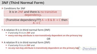 3NF (Third Normal Form)
 Conditions for 3NF
 A relation R is in third normal form (3NF)
 if and only if it is in 2NF and
 every non-key attribute is non-transitively dependent on the primary key
OR
 A relation R is in third normal form (3NF)
 if and only if it is in 2NF and
 no any non-key attribute is transitively dependent on the primary key
It is in 2NF and there is no transitive
dependency.
(Transitive dependency???) A → B & B → C then
A → C
 