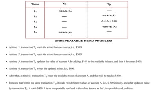 • At time t1, transaction TX reads the value from account A, i.e., $300.
• At time t2, transaction TY reads the value from account A, i.e., $300.
• At time t3, transaction TY updates the value of account A by adding $100 to the available balance, and then it becomes $400.
• At time t4, transaction TY writes the updated value, i.e., $400.
• After that, at time t5, transaction TX reads the available value of account A, and that will be read as $400.
• It means that within the same transaction TX, it reads two different values of account A, i.e., $ 300 initially, and after updation made
by transaction T , it reads $400. It is an unrepeatable read and is therefore known as the Unrepeatable read problem.
 