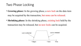 Two Phase Locking
• Growing phase: In the growing phase, a new lock on the data item
may be acquired by the transaction, but none can be released.
• Shrinking phase: In the shrinking phase, existing lock held by the
transaction may be released, but no new locks can be acquired.
 