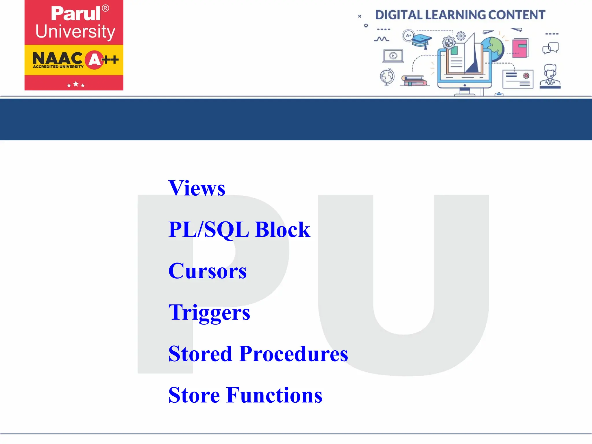 Views
PL/SQL Block
Cursors
Triggers
Stored Procedures
Store Functions
 