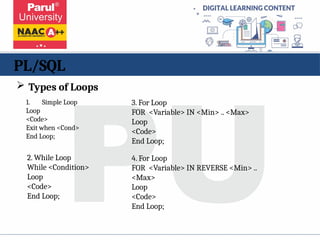 PL/SQL
1. Simple Loop
Loop
<Code>
Exit when <Cond>
End Loop;
2. While Loop
While <Condition>
Loop
<Code>
End Loop;
 Types of Loops
3. For Loop
FOR <Variable> IN <Min> .. <Max>
Loop
<Code>
End Loop;
4. For Loop
FOR <Variable> IN REVERSE <Min> ..
<Max>
Loop
<Code>
End Loop;
 
