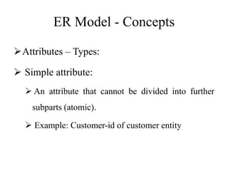 ER Model - Concepts
Attributes – Types:
 Simple attribute:
 An attribute that cannot be divided into further
subparts (atomic).
 Example: Customer-id of customer entity
 