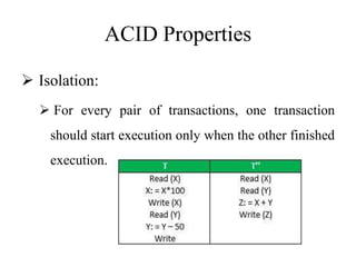 ACID Properties
 Isolation:
 For every pair of transactions, one transaction
should start execution only when the other finished
execution.
 