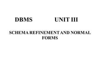 DBMS UNIT III
SCHEMA REFINEMENTAND NORMAL
FORMS
 