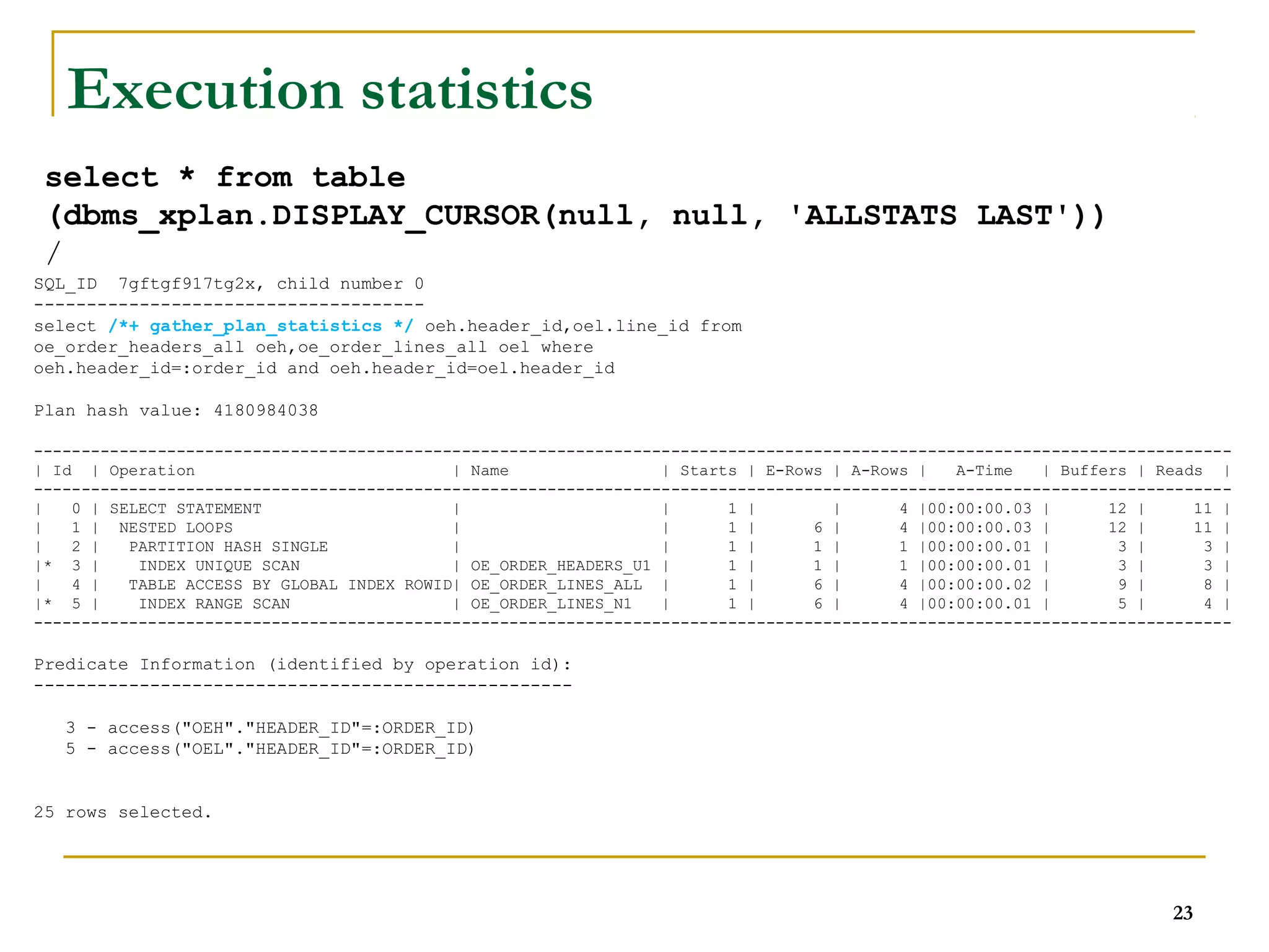 23 
Execution statistics 
select * from table 
(dbms_xplan.DISPLAY_CURSOR(null, null, 'ALLSTATS LAST')) 
/ 
SQL_ID 7gftgf917tg2x, child number 0 
------------------------------------- 
select /*+ gather_plan_statistics */ oeh.header_id,oel.line_id from 
oe_order_headers_all oeh,oe_order_lines_all oel where 
oeh.header_id=:order_id and oeh.header_id=oel.header_id 
Plan hash value: 4180984038 
------------------------------------------------------------------------------------------------------------------------------ 
| Id | Operation | Name | Starts | E-Rows | A-Rows | A-Time | Buffers | Reads | 
------------------------------------------------------------------------------------------------------------------------------ 
| 0 | SELECT STATEMENT | | 1 | | 4 |00:00:00.03 | 12 | 11 | 
| 1 | NESTED LOOPS | | 1 | 6 | 4 |00:00:00.03 | 12 | 11 | 
| 2 | PARTITION HASH SINGLE | | 1 | 1 | 1 |00:00:00.01 | 3 | 3 | 
|* 3 | INDEX UNIQUE SCAN | OE_ORDER_HEADERS_U1 | 1 | 1 | 1 |00:00:00.01 | 3 | 3 | 
| 4 | TABLE ACCESS BY GLOBAL INDEX ROWID| OE_ORDER_LINES_ALL | 1 | 6 | 4 |00:00:00.02 | 9 | 8 | 
|* 5 | INDEX RANGE SCAN | OE_ORDER_LINES_N1 | 1 | 6 | 4 |00:00:00.01 | 5 | 4 | 
------------------------------------------------------------------------------------------------------------------------------ 
Predicate Information (identified by operation id): 
--------------------------------------------------- 
3 - access("OEH"."HEADER_ID"=:ORDER_ID) 
5 - access("OEL"."HEADER_ID"=:ORDER_ID) 
25 rows selected. 
 