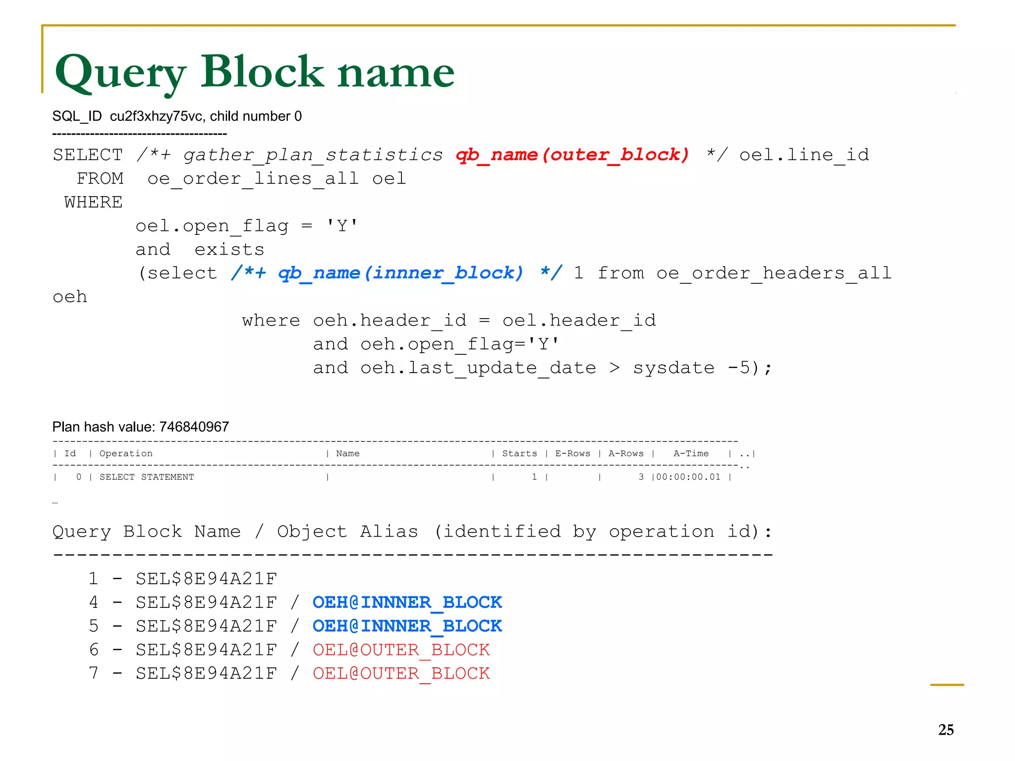 SQL_ID cu2f3xhzy75vc, child number 0 
------------------------------------- 
SELECT /*+ gather_plan_statistics qb_name(outer_block) */ oel.line_id 
FROM oe_order_lines_all oel 
WHERE 
oel.open_flag = 'Y' 
and exists 
(select /*+ qb_name(innner_block) */ 1 from oe_order_headers_all 
oeh 
where oeh.header_id = oel.header_id 
and oeh.open_flag='Y' 
and oeh.last_update_date > sysdate -5); 
Plan hash value: 746840967 
-------------------------------------------------------------------------------------------------------------------- 
| Id | Operation | Name | Starts | E-Rows | A-Rows | A-Time | ..| 
--------------------------------------------------------------------------------------------------------------------.. 
| 0 | SELECT STATEMENT | | 1 | | 3 |00:00:00.01 | 
… 
Query Block Name / Object Alias (identified by operation id): 
------------------------------------------------------------- 
1 - SEL$8E94A21F 
4 - SEL$8E94A21F / OEH@INNNER_BLOCK 
5 - SEL$8E94A21F / OEH@INNNER_BLOCK 
6 - SEL$8E94A21F / OEL@OUTER_BLOCK 
7 - SEL$8E94A21F / OEL@OUTER_BLOCK 
25 
Query Block name 
 