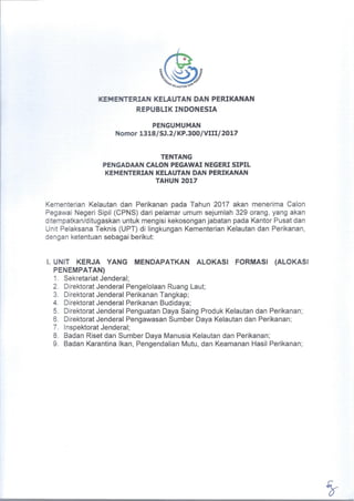 Pengumuman Seleksi CPNS Kementerian Kelautan dan Perikanan (KKP) TA. 2017