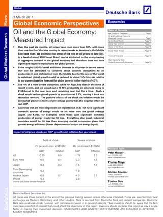 Global


                          3 March 2011
Macro




                          Global Economic Perspectives                                                             Economics


                          Oil and the Global Economy:                                                              Table of Contents
                                                                                                                   Key Economic Forecasts .................................... Page 2
Global Markets Research




                                                                                                                   Oil and the Global Economy:


                          Measured Impact                                                                          Measured Impact ............................................... Page 3
                                                                                                                   Central Bank Watch .......................................... Page 10
                                                                                                                   Global Data Monitor ......................................... Page 14
                               Over the past six months, oil prices have risen more than 50%, with more            Charts of the Week .......................................... Page 15

                               than one-fourth of that rise coming in recent weeks as tensions in the Middle       Global Week Ahead.......................................... Page 16
                               East have risen. We estimate that most of the rise on oil prices to date (i.e.,
                                                                                                                   Financial Forecasts .......................................... Page 18
                               to a level of about $100/barrel Brent) can be attributed to the strengthening
                               of aggregate demand in the global economy and therefore does not have               Main Deutsche Bank
                                                                                                                   Global Economics Publications ...................... Page 19
                               significant negative implications for global growth.
                               If the roughly $10-15/barrel additional increase in oil prices in recent weeks
                               that can be attributed to concerns about possible disruptions to oil
                               production in and distribution from the Middle East to the rest of the world
                               is sustained, global growth could be reduced by about ½% this year relative
                               to our current baseline forecast for global growth in the vicinity of 4.3%.
                               The risk of a more severe disruption, while not high, has risen in the wake of
                               recent events, and we would put a 10-15% probability on oil prices rising to
                               $150/barrel in the near term and remaining near that for a time. Such a
                               shock would reduce global growth by an estimated 2.5%, moving it back into
                               recession territory. The positive effects of the shock on inflation would be
                               somewhat greater in terms of percentage points than the negative effect on
                               real GDP.
                               Countries that are more dependent on imported oil or do not have significant
                               domestic sources of energy would be hit more than the global average
                               (Japan and Korea, for example), while those with significant domestic
                               production of energy would be hit less. Everything else equal, industrial
                               countries would be hit less than emerging market economies given their
                               greater energy efficiency (lower dependence of output on energy input).


                          Impact of oil price shocks on GDP growth and inflation for year ahead


                                                          Mild oil shock              Severe oil shock

                                                 Oil prices to stay at $110/brl   Oil prices reach $150/brl
                                                                                                                   Research Team
                                                      GDP            Inflation      GDP            Inflation
                                                                                                                   Peter Hooper
                          US                         -0.35             0.5          -1.75            2.6           (+1) 212 250-7352
                                                                                                                   peter.hooper@db.com
                          Euro Area                   -0.5             0.4          -2.3             1.8
                                                                                                                   Thomas Mayer
                          Japan                       -0.3             0.3          -1.5             1.5           (+49) 69910-30800
                                                                                                                   tom.mayer@db.com
                          Total Developing
                                                      -0.2                          -1.0                           Michael Spencer
                          countries
                                                                                                                   (+852) 220-38303
                          Asia ex Japan               -0.8             0.7          -4.0             3.5           michael.spencer@db.com
                          World                       -0.4                          -2.0
                          Source: DB Global Markets Research                                                       Torsten Slok
                                                                                                                   (+1) 212 250-2155
                                                                                                                   torsten.slok@db.com
Economics




                          Deutsche Bank Securities Inc.
                          All prices are those current at the end of the previous trading session unless otherwise indicated. Prices are sourced from local
                          exchanges via Reuters, Bloomberg and other vendors. Data is sourced from Deutsche Bank and subject companies. Deutsche
                          Bank does and seeks to do business with companies covered in its research reports. Thus, investors should be aware that the firm
                          may have a conflict of interest that could affect the objectivity of this report. Investors should consider this report as only a single
                          factor in making their investment decision. DISCLOSURES AND ANALYST CERTIFICATIONS ARE LOCATED IN APPENDIX 1.
                          MICA(P) 007/05/2010
 