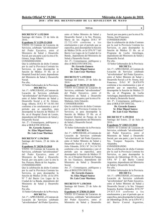 Boletín Oficial Nº 19.284                                                                 Miércoles 4 de Agosto de 2010
                   2010 - AÑO DEL BICENTENARIO DE LA REVOLUCION DE M AYO


                                                                     TOTAL                                                         0

DECRETO Nº 1.152/2010                        entre el Señor Ministro de Salud y              Social, por una parte y por la otra el Sr.
Santiago del Estero, 23 de Julio de          Desarrollo Social y la Sra. Pereyra,            Sirena, José Francisco;
2010.-                                       María de los Angeles D.N.I Nº                   CONSIDERANDO:
Expediente Nº 11259-33-2010                  2 2 . 7 22.430 conforme a los                   Que la celebración de dicho Contrato
VISTO: El Contrato de Locación de            emolumentos y por el período que se             por la cual la Provincia Contrata los
Servicios, celebrado "ad-referendum"         especifica, para desempeñar la función          Servicios, es para desempeñar la
del Poder Ejecutivo, entre el                de Médico 24 Hs. en la UPA Nº 7 del             función de Médico 35 Hs. en el
Ministerio de Salud y Desarrollo             Barrio Los Lagos de la Ciudad de La             Programa de Lucha Antichagas,
Social, por una parte y por la otra el Sr.   Banda , dependiente del Ministerio de           dependiente del Ministerio de Salud y
Gómez, Jorge Alberto;                        Salud y Desarrollo Social.                      Desarrollo Social.
CONSIDERANDO:                                Art. 2º.- Comuníquese, publíquese y             Por ello,
Que la celebración de dicho Contrato         dése al BOLETIN OFICIAL.                         El Señor Gobernador de la Provincia
por la cual la Provincia Contrata los                  Dr. Gerardo Zamora                                 DECRETA:
Servicios, es para desempeñar la                      Sr. Elías Miguel Suárez                Art. 1º.- APRUEBASE, el Contrato de
función de Médico 35 Hs. en el                       Dr. Luis Cesar Martínez                 Locación de Servicios celebrado
Hospital Zonal de Loreto, dependiente                                                        "ad-referéndum" del Poder Ejecutivo,
del Ministerio de Salud y Desarrollo         DECRETO Nº 1.155/2010                           entre el Señor Ministro de Salud y
Social.                                      Santiago del Estero, 23 de Julio de             Desarrollo Social y el Sr. Sirena, José
Por ello,                                    2010.-                                          Francisco, D.N.I Nº 28.870.979
 El Señor Gobernador de la Provincia         Expediente Nº 28139-33-2010                     conforme a los emolumentos y por el
             DECRETA:                        VISTO: El Contrato de Locación de               período que se especifica, para
Art. 1º.- APRUEBASE, el Contrato de          Servicios, celebrado "ad-referendum"            desempeñar la función de Médico 35
Locación de Servicios celebrado              del Poder Ejecutivo, entre el                   Hs. en el Programa de Lucha
"ad-referéndum" del Poder Ejecutivo,         Ministerio de Salud y Desarrollo                Antichagas, dependiente del Ministerio
entre el Señor Ministro de Salud y           Social, por una parte y por la otra el Sr.      de Salud y Desarrollo Social.
Desarrollo Social y el Sr. Gómez,            Mañanes, Julio Eduardo;                         Art. 2º.- Comuníquese, publíquese y
Jorge Alberto, D.N.I Nº 18.543.184           CONSIDERANDO:                                   dése al BOLETIN OFICIAL.
conforme a los emolumentos y por el          Que la celebración de dicho Contrato                     Dr. Gerardo Zamora
período que se especifica, para              por la cual la Provincia Contrata los                  Sr. Elías Miguel Suárez
desempeñar la función de Médico 35           Servicios, es para desempeñar la                      Dr. Luis Cesar Martínez
Hs. en el Hospital Zonal de Loreto,          función de Médico 35 Hs. en el
dependiente del Ministerio de Salud y        Hospital Distrital de Pampa de los              DECRETO Nº 1.159/2010
Desarrollo Social.                           Guanacos, dependiente del Ministerio            Santiago del Estero, 23 de Julio de
Art. 2º.- Comuníquese, publíquese y          de Salud y Desarrollo Social.                   2010.-
dése al BOLETIN OFICIAL.                     Por ello,                                       Expediente Nº 22823-33-2010
         Dr. Gerardo Zamora                   El Señor Gobernador de la Provincia            VISTO: El Contrato de Locación de
       Sr. Elías Miguel Suárez                            DECRETA:                           Servicios, celebrado "ad-referendum"
      Dr. Luis Cesar Martínez                Art. 1º.- APRUEBASE, el Contrato de             del Poder Ejecutivo, entre el
                                             Locación de Servicios celebrado                 Ministerio de Salud y Desarrollo
DECRETO Nº 1.154/2010                        "ad-referéndum" del Poder Ejecutivo,            Social, por una parte y por la otra la
Santiago del Estero, 23 de Julio de          entre el Señor Ministro de Salud y              Sra. Vazquez Sequeira, Karina
2010.-                                       Desarrollo Social y el Sr. Mañanes,             Alejandra;
Expediente Nº 28230-33-2010                  Julio Eduardo, D.N.I Nº 24.134.763              CONSIDERANDO:
VISTO: El Contrato de Locación de            conforme a los emolumentos y por el             Que la celebración de dicho Contrato
Servicios, celebrado "ad-referendum"         período que se especifica, para                 por la cual la Provincia Contrata los
del Poder Ejecutivo, entre el                desempeñar la función de Médico 35              Servicios, es para desempeñar la
Ministerio de Salud y Desarrollo             Hs. en el Hospital Distrital de Pampa           función de Odontóloga 20 Hs. en la
Social, por una parte y por la otra la       de los Guanacos, dependiente del                UPA Nº 2 del Barrio Central
Sra. Pereyra, María de los Angeles;          Ministerio de Salud y Desarrollo                Argentino, dependiente del Ministerio
CONSIDERANDO:                                Social.                                         de Salud y Desarrollo Social.
Que la celebración de dicho Contrato         Art. 2º.- Comuníquese, publíquese y             Por ello,
por la cual la Provincia Contrata los        dése al BOLETIN OFICIAL.                         El Señor Gobernador de la Provincia
Servicios, es para desempeñar la                      Dr. Gerardo Zamora                                  DECRETA:
función de Médico 24 Hs. en la UPA                  Sr. Elías Miguel Suárez                  Art. 1º.- APRUEBASE, el Contrato de
Nº 7 del Barrio Los Lagos de la                    Dr. Luis Cesar Martínez                   Locación de Servicios celebrado
Ciudad de La Banda, dependiente del                                                          "ad-referéndum" del Poder Ejecutivo,
Ministerio de Salud y Desarrollo             DECRETO Nº 1.158/2010                           entre el Señor Ministro de Salud y
Social.                                      Santiago del Estero, 23 de Julio de             Desarrollo Social y la Sra. Vázquez
Por ello,                                    2010.-                                          Sequeira, Karina Alejandra, D.N.I Nº
 El Señor Gobernador de la Provincia         Expediente Nº 27830-33-2010                     29.037.555 conforme a l os
             DECRETA:                        VISTO: El Contrato de Locación de               emolumentos y por el período que se
Art. 1º.- APRUEBASE, el Contrato de          Servicios, celebrado "ad-referendum"            especifica, para desempeñar la función
Locación de Servicios celebrado              del Poder Ejecutivo, entre el                   de Odontóloga 20 Hs. en la UPA Nº 2
"ad-referéndum" del Poder Ejecutivo,         Ministerio de Salud y Desarrollo                del Barrio Central Argentino,


                                                                 5
 