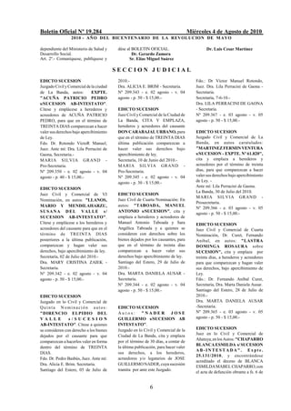 Boletín Oficial Nº 19.284                                                           Miércoles 4 de Agosto de 2010
                 2010 - AÑO DEL BICENTENARIO DE LA REVOLUCION DE M AYO

dependiente del Ministerio de Salud y     dése al BOLETIN OFICIAL.                           Dr. Luis Cesar Martínez
Desarrollo Social.                                Dr. Gerardo Zamora
Art. 2º.- Comuníquese, publíquese y             Sr. Elías Miguel Suárez

                                         SECCION JUDICIAL
EDICTO SUCESION                           2010.-                                       Fdo.: Dr Víctor Manuel Rotondo,
Juzgado Civil y Comercial de la ciudad    Dra. ALICIA E. BRIM - Secretaria.            Juez. Dra. Lila Perracini de Gaona -
de La Banda, autos:           EXPTE.      Nº 209.343 - e. 02 agosto - v. 04            Secretaria.
"ACUÑA PATRICIO PEDRO                     agosto - p. 50 - $ 15,00.-                   Secretaría, 7-6-10.-
s/SUCESION AB-INTESTATO".                                                              Dra. LILA PERRACINI DE GAONA
Cítese y emplácese a herederos y          EDICTO SUCESION                              - Secretaria.
acreedores de ACUÑA PATRICIO              Juez Civil y Comercial de la Ciudad de       Nº 209.367 - e. 03 agosto - v. 05
PEDRO, para que en el término de          La Banda, CITA Y EMPLAZA,                    agosto - p. 50 - $ 15,00.-
TREINTA DIAS comparezcan a hacer          herederos y acreedores del causante
valer sus derechos bajo apercibimiento    DON CARABAJAL URBANO, para                   EDICTO SUCESION
de Ley.                                   que en el término de TREINTA DIAS            Juzgado Civil y Comercial de La
Fdo. Dr. Rotondo VíctoR Manuel,           última publicación comparezcan a             Banda, en autos caratulados:
Juez. Ante mí: Dra. Lila Perracini de     hacer valer sus derechos bajo                "MARTINEZ FERMIN VENTURA
Gaona, Secretaria.-                       apercibimiento de ley.                       s/SUCESION - EXPTE. Nº 61.820",
MARIA SILVIA GRAND -                      Secretaría, 10 de Junio del 2010.-           cita y emplaza a herederos y
Pro-Secretaria.                           MARIA SILV IA GRAND -                        acreedores por el término de treinta
Nº 209.350 - e. 02 agosto - v. 04         Pro-Secretaria.                              días, para que comparezcan a hacer
agosto - p. 40 - $ 15,00.-                Nº 209.345 - e. 02 agosto - v. 04            valer sus derechos bajo apercibimiento
                                          agosto - p. 30 - $ 15,00.-                   de Ley. -
                                                                                       Ante mí: Lila Perracini de Gaona.
EDICTO SUCESION
                                                                                       La Banda, 30 de Julio del 2010.
Juez Civil y Comercial de VI              EDICTO SUCESION
                                                                                       MARIA SILVIA GRAND -
Nominación, en autos: "LLANOS,            Juez Civil de Cuarta Nominación: En
                                                                                       Prosecretaria.
MARIO Y MENDILAHARZU,                     autos: "TABOADA, MANUEL
                                                                                       Nº 209.366 - e. 03 agosto - v. 05
SUSANA DEL VALLE s/                       ANTONIO s/SUCESION", cita y
                                                                                       agosto - p. 50 - $ 15,00.-
SUCESION AB-INTESTATO".                   emplaza a herederos y acreedores de
Cítese y emplácese a los herederos y      Manuel Antonio Taboada y Sara                EDICTO SUCESION
acreedores del causante para que en el    Angélica Taboada y a quienes se              Juez Civil y Comercial de Cuarta
término de TREINTA DIAS                   consideren con derechos sobre los            Nominación, Dr. Curet, Fernando
posteriores a la última publicación,      bienes dejados por los causantes, para       Anibal, en autos: "LASTRA
comparezcan y hagan valer sus             que en el término de treinta días            DOMINGA ROSAURA sobre
derechos, bajo apercibimiento de ley.     comparezcan a hacer valer sus                SUCESION", cita y emplaza por
Secretaría, 02 de Julio del 2010.-        derechos bajo apercibimiento de ley.         treinta días, a herederos y acreedores
Dra. MARY CRISTINA ZAIEK -                Santiago del Estero, 29 de Julio de          para que comparezcan y hagan valer
Secretaria.                               2010.-                                       sus derechos, bajo apercibimiento de
Nº 209.342 - e. 02 agosto - v. 04         Dra. MARTA DANIELA AUSAR -                   Ley.
agosto - p. 50 - $ 15,00.-                Secretaria.                                  Fdo.: Dr. Fernando Aníbal Curet,
                                          Nº 209.344 - e. 02 agosto - v. 04            Secretaría, Dra. Marta Daniela Ausar.
                                          agosto - p. 50 - $ 15,00.-                   Santiago del Estero, 28 de Julio de
EDICTO SUCESION                                                                        2010.-
Juzgado en lo Civil y Comercial de                                                     Dra. MARTA DANIELA AUSAR
Quinta Nominación autos:                  EDICTO SUCESION                              -Secretaria.
"DIRENCIO ELPIDIO DEL                     Autos: "NADER JOSE                           Nº 209.365 - e. 03 agosto - v. 05
VALLE           s/SUCESION                GUILLERMO s/SUCESION AB                      agosto - p. 50 - $ 15,00.-
AB-INTESTATO". Cítese a quienes           INTESTATO".
se consideren con derecho a los bienes    Juzgado en lo Civil y Comercial de la        EDICTO SUCESION
                                          Ciudad de La Banda, cita y emplaza           Juez en lo Civil y Comercial de
dejados por el causante para que
                                                                                       Añatuya, en los Autos: "CHAPARRO
comparezcan a hacerlos valer en forma     por el término de 30 días, a contar de
                                                                                       BLANCA ESMILDA s/ SUCESION
dentro del término de TREINTA             la última publicación, para hacer valer
                                                                                       AB-INTESTADA". Expte.
DIAS.                                     sus derechos, a los herederos,
                                                                                       25.131/2010, y encontrándose
Fdo. Dr. Pedro Basbús, Juez. Ante mí:     acreedores y/o legatarios de JOSE
                                                                                       acreditado el deceso de BLANCA
Dra. Alicia E. Brim. Secretaria.          GUILLERMO NADER, cuya sucesión
                                                                                       ESMILDA MABEL CHAPARRO, con
Santiago del Estero, 05 de Julio de       tramita por ante este Juzgado.
                                                                                       el acta de defunción obrante a fs. 6 de


                                                            6
 