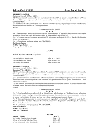 Boletín Oficial Nº 19.202                                                                    Lunes 5 de Abril de 2010
DECRETO Nº 0.247/2010
Santiago del Estero, 16 de Marzo de 2010.-
VISTO: los Contratos de Locación de Servicios celebrados ad-referéndum del Poder Ejecutivo, entre el Sr. Ministro de Obras y
Servicios Públicos, por una parte, y por la otra, los Agentes que figuran en el Anexo I del presente; y
CONSIDERANDO:
Que la celebración de dichos contratos por la cual la Provincia contrata los servicios, son para cumplir funciones como Asistentes
Sociales en el Instituto Provincial de Vivienda y Urbanismo;
Por ello,
                                               El Señor Gobernador de la Provincia
                                                            DECRETA:
Art. 1º - Apruébanse los Contratos de Locación de Servicios, celebrados entre el Sr. Ministro de Obras y Servicios Públicos y las
personas que figuran en el Anexo de la presente, a partir de su notificación y hasta el 30/6/2009.
Art. 2º - El presente gasto será imputado en la Jurisdicción 53 - Subprograma 00 - Proyecto 00 - A/O 01 - Partida 391 - "Locación
de Servicio" - Programa 11.
Art. 3º - Comuníquese, publíquese y dése al BOLETIN OFICIAL.
Dr. Gerardo Zamora
Sr. Elías Miguel Suárez
Arq. Argentino José Cambrini

                                                            ANEXO I

Instituto Provincial de Vivienda y Urbanismo

-Sra. Marianela del Milagro Fassio                           D.N.I. Nº 31.353.267
-Sra. Adriana del Valle Suárez                               D.N.I. Nº 32.661.905
-Sra. Natalia del Valle Ruiz                                 D.N.I. Nº 31.989.949

DECRETO Nº 0.248/2010
Santiago del Estero, 16 de Marzo de 2010.-
Expediente Nº 010-132-2009.-
VISTO: los Contratos de Locación de Servicios celebrados "ad-referéndum" del Poder Ejecutivo, entre la Secretaría de Desarrollo,
Ciencia, Tecnología y Gestión Pública, por una parte, y por la otra, las personas que figuran en el Anexo I del presente; y
CONSIDERANDO:
Que a través del mencionado acto administrativo la Provincia contrata los servicios del personal precitado, con una remuneración
mensual prevista en la cláusula segunda del citado instrumento legal, para prestar funciones en aquellos asuntos relativos a tareas
administrativas del área;
Que para lograr una buena gestión de administración gubernamental resulta conveniente contar con los recursos humanos y a fin
de dotar al presente acto contractual de los efectos jurídicos necesarios;
Por ello,
                                               El Señor Gobernador de la Provincia
                                                           DECRETA:
Art. 1º - Apruébanse los Contrato de Locación de Servicios celebrados "ad-referéndum" del Poder Ejecutivo, entre la Secretaría
de Desarrollo, Ciencia, Tecnología y Gestión Pública y las personas que figuran en el Anexo I, con la remuneración prevista en
el contrato y en los términos del mismo, cuyo texto pasa a formar parte integrante del presente Decreto.
Art. 2º - La erogación que demanden los presentes contratos será imputada a la Jurisdicción 21 - Programa 12 - Actividad 01 -
Partida Principal 391 - "Contratos de Locación de Servicios" - Jurisdicción 21 - Programa 14 - Partida Principal 391 - "Contratos
de Locación de Servicios".
Art. 3º - Comuníquese, publíquese y dése al BOLETIN OFICIAL.
Dr. Gerardo Zamora
Sr. Elías Miguel Suárez
CPN Juan Carlos Costas

                                                            ANEXO I
Apellido y Nombre                                                        D.N.I. Nº
01-González Pompilo, Alvaro Fernando                                    30.441.555
02-Lic. en Sociología Paiola Juan Alberto                               18.525.125
03-Lic. en Economía Ochoa Otero Luis H.                                 25.501.110

                                                                8
 