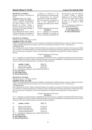 Boletín Oficial Nº 19.202                                                                   Lunes 5 de Abril de 2010
DECRETO Nº 0.249/2010                        se detalla en el Artículo Nº 1 del           Poder Ejecutivo, entre el Sr. Ministro
Santiago del Estero, 16 de Marzo de          presente Decreto, por resultar necesaria     de Justicia, Trabajo y Derechos
2010.-                                       la incorporación de personal                 Humanos, y el Sr. Federico Medina,
Expediente Nº 035 - 125 - 2010.-             capacitado en el ámbito del mismo;           D.N.I. Nº 29.716.683, hasta el día 30
VISTO: el contrato de locación de            Que en consecuencia, corresponde se          de Junio de 2010, para cumplir
servicios celebrado "ad-referéndum"          dicte el acto administrativo de              funciones en el ámbito de dicho
del Poder Ejecutivo, entre el Sr.            aprobación que perfeccione el trámite        Ministerio.
Ministro de Justicia, Trabajo y              respectivo;                                  Art. 2º - Comuníquese, publíquese y
Derechos Humanos, por una parte, y           Por ello,                                    dése al BOLETIN OFICIAL.
por la otra, el Sr. Federico Medina; y        El Señor Gobernador de la Provincia                 Dr. Gerardo Zamora
CONSIDERANDO:                                             DECRETA:                              Sr. Elías Miguel Suárez
Que el Ministerio de Justicia, Trabajo       Art. 1º - Apruébese la contratación               Dr. Ricardo Daniel Daives
y Derechos Humanos, ha suscripto, el         bajo la modalidad de Locación de
contrato de locación de servicios que        Servicios, celebrado ad-referéndum del

DECRETO Nº 0.250/2010
Santiago del Estero, 16 de Marzo de 2010.-
Expediente Nº 022 - 125 - 2010.-
VISTO: los contratos de locación de servicios celebrados "ad-referéndum" del Poder Ejecutivo, entre el Sr. Ministro de Justicia,
Trabajo y Derechos Humanos, por una parte, y por la otra, las personas que figuran en el Art. 1º del presente; y
CONSIDERANDO:
Que el Ministerio de Justicia, Trabajo y Derechos Humanos, ha suscripto, los contratos de locación de servicios que se detalla
en el Artículo Nº 1 del presente Decreto, por resultar necesaria la incorporación de personal capacitado en el ámbito del mismo;
Que en consecuencia, corresponde se dicte el acto administrativo de aprobación que perfeccione el trámite respectivo;
Por ello,
                                              El Señor Gobernador de la Provincia
                                                           DECRETA:
Art. 1º - Apruébese la contratación bajo la modalidad de Locación de Servicios, celebrado ad-referéndum del Poder Ejecutivo,
entre el Sr. Ministro de Justicia, Trabajo y Derechos Humanos, y las personas detalladas en el presente artículo, hasta el día 30
de Junio de 2010, para cumplir funciones en el ámbito de dicho Ministerio.

Nº         Apellido y Nombre                    D.N.I. Nº
01-        Acevedo, Víctor Hugo                23.042.968
02-        Iglesias Pablo Sebastián            26.853.293
Art. 2º - Comuníquese, publíquese y dése al BOLETIN OFICIAL.
Dr. Gerardo Zamora
Sr. Elías Miguel Suárez
Dr. Ricardo Daniel Daives

DECRETO Nº 0.251/2010
Santiago del Estero, 17 de Marzo de 2010.-
Expediente Nº 018 - 125 - 2010.-
VISTO: los contratos de locación de servicios celebrados "ad-referéndum" del Poder Ejecutivo, entre el Sr. Ministro de Justicia,
Trabajo y Derechos Humanos, por una parte, y por la otra, las personas que figuran en el Art. 1º del presente; y
CONSIDERANDO:
Que el Ministerio de Justicia, Trabajo y Derechos Humanos, ha suscripto, los contratos de locación de servicios que se detalla
en el Artículo Nº 1 del presente Decreto, por resultar necesaria la incorporación de personal capacitado en el ámbito del mismo;
Que en consecuencia, corresponde se dicte el acto administrativo de aprobación que perfeccione el trámite respectivo;
Por ello,
                                              El Señor Gobernador de la Provincia
                                                           DECRETA:
Art. 1º - Apruébese la contratación bajo la modalidad de Locación de Servicios, celebrado ad-referéndum del Poder Ejecutivo,
entre el Sr. Ministro de Justicia, Trabajo y Derechos Humanos, y las personas detalladas en el presente artículo, hasta el día 30
de Junio de 2010, para cumplir funciones en el ámbito de dicho Ministerio.

Nº        Apellido y Nombre                        D.N.I. Nº

01-        Banegas, Pedro Daniel               26.330.678
02-        Infante Fringes María G.            26.220.878
03-        Orieta Alvaro Pedro Rafael          28.677.177
04-        Yanacón Lizabeth Paola L.           21.639.747
Art. 2º - Comuníquese, publíquese y dése al BOLETIN OFICIAL.
Dr. Gerardo Zamora
Sr. Elías Miguel Suárez
Dr. Ricardo Daniel Daives


                                                                9
 