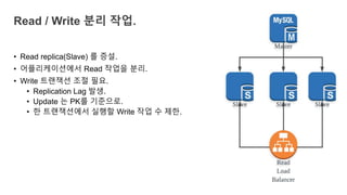 • Read replica(Slave) 를 증설.
• 어플리케이션에서 Read 작업을 분리.
• Write 트랜잭션 조절 필요.
• Replication Lag 발생.
• Update 는 PK를 기준으로.
• 한 트랜잭션에서 실행할 Write 작업 수 제한.
Read / Write 분리 작업.
 