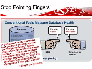 Stop Pointing Fingers In just about every company (not yours of course) we see the “finger pointing” game start when performance issues surface…  “the code worked fine yesterday and we didn’t change anything!”… “Well the database is humming right along until it hits your code!!” You get the picture. 