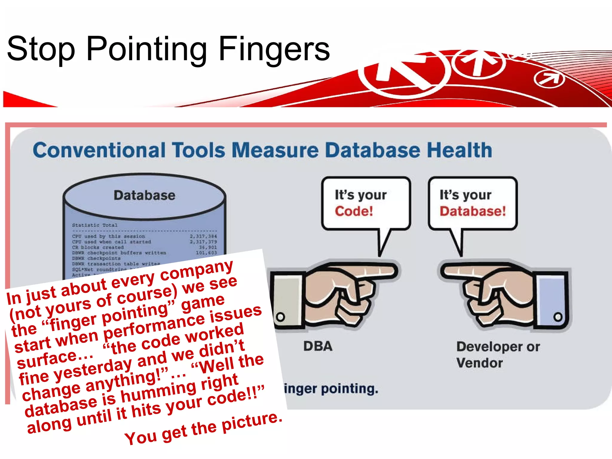 Stop Pointing Fingers In just about every company (not yours of course) we see the “finger pointing” game start when performance issues surface… “the code worked fine yesterday and we didn’t change anything!”… “Well the database is humming right along until it hits your code!!” You get the picture. 