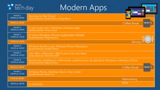 Modern Apps
Sessão 1
09h00 às 09h40
Journey to the Cloud
Apresentador(es): Danilo Bordini e Diego Blanco
Sessão 2
10h00 às 10h50
O que muda com o Windows Universal Apps
Apresentador(es): Vinicius Souza
Sessão 3
11h00 às 11h50
O novo Windows Phone Application Model
Apresentador(es): Thiago Monaco
Sessão 4
13h30 às 14h20
Windows Runtime para Windows Phone Developers
Apresentador(es): Osvaldo Daibert
Sessão 5
14h30 às 15h10
Indo Além: Utilizando o Blend para criar suas Apps
Apresentador(es): Aline Brito (MSP)
Sessão 6
15h20 às 16h10
Resolvendo problemas e melhorando a performance de aplicativos Windows e Windows Phone
Apresentador(es): Miguel Ferreira
Sessão 7
16h40 às 17h30
Windows Phone, Windows Store e Dev Center
Apresentador(es): Marlon Luz
18h00 às 18h30 Encerramento
09h40 às 10h00 Coffee Break
11h50 às 13h30 Almoço
Coffee Break16h10 às 16h40
17h30 às 18h00
Networking
time
 